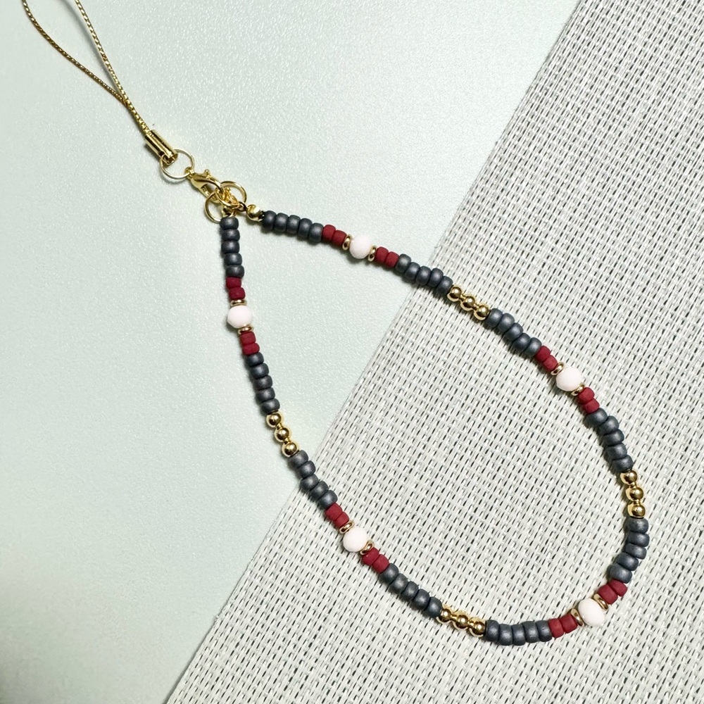 Handmade Phone Strap with Red Grey Gold Beige Colors Beads Phone Accessories